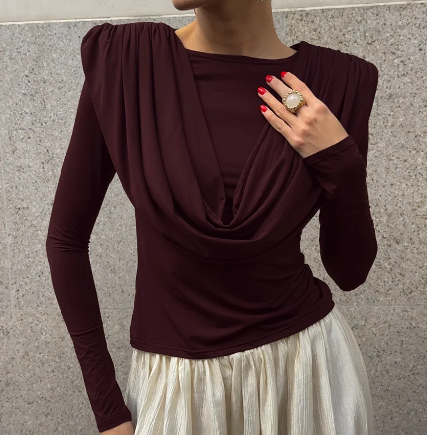 

Top Women 2026 New Spring Autumn Solid Color Round Neck Ruched Long Sleeved Casual Slim Fit Versatile Daily T-Shirt Top