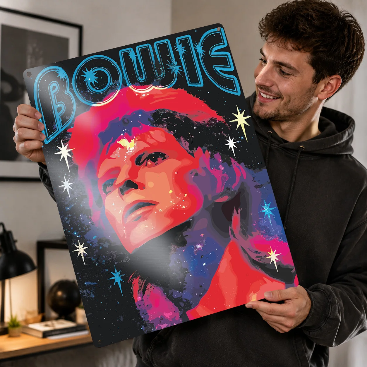 David Bowie Space Portrait Personalized 3D Textured Metal Poster Wall Art Vintage Tin Signs for Article Decoration Gaming House