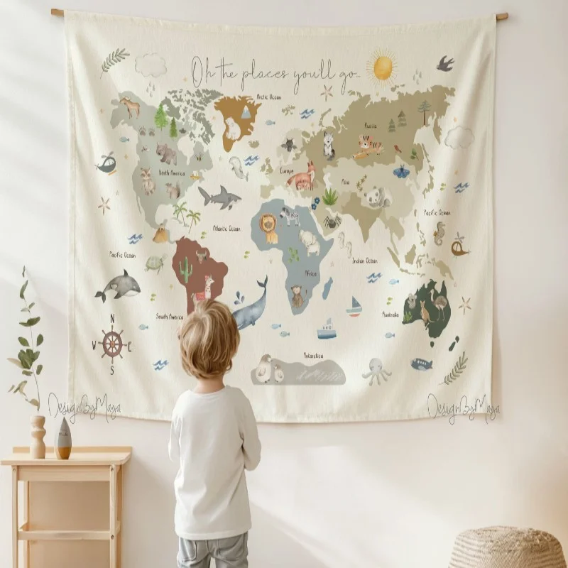 VIKAMA Tapisserie murale vintage avec carte du monde nautique, design boussole en polyester, art mural rétro, tapisseries géographiques pour la décoration de la maison