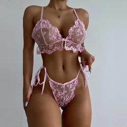 Erotic Pink Women Underwear Exotic Embroidery See-through Bra and Panties 2 Pieces Sets Sexy Lingerie Lace Clothing