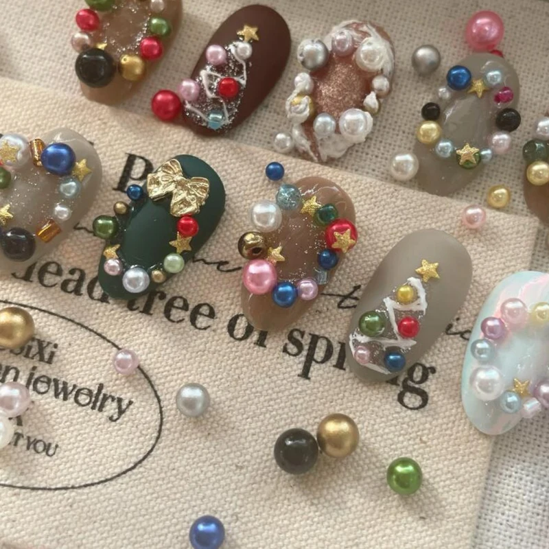 Décoration de noël à 12 grilles, taille mixte, perles rouges/vertes, strass, breloques pour ongles, bijoux de manucure de noël