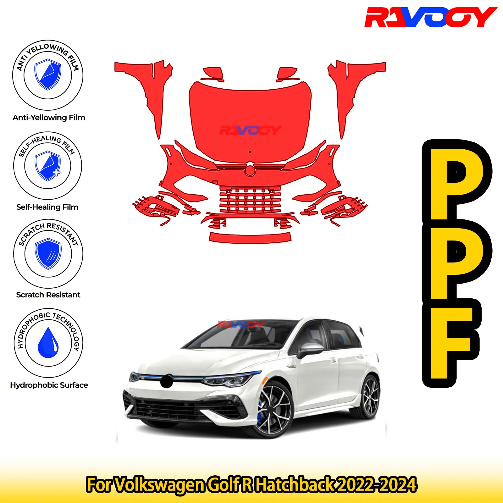 

For Volkswagen Golf R Hatchback 2022-2024 Glossy Matte Black Precut front PPF Kit Paint Protection Film