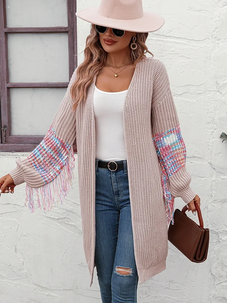

Korean Fashion Cardigans For Woman Fringe Striped Long Coat female Winter Clothing Knitwears Jackets New