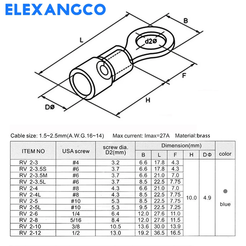 100Pcs RV2 Series Insulated Ring Crimp Terminal Electrical Wire Connector For 16-14 AWG 1.5-2.5mm Cable