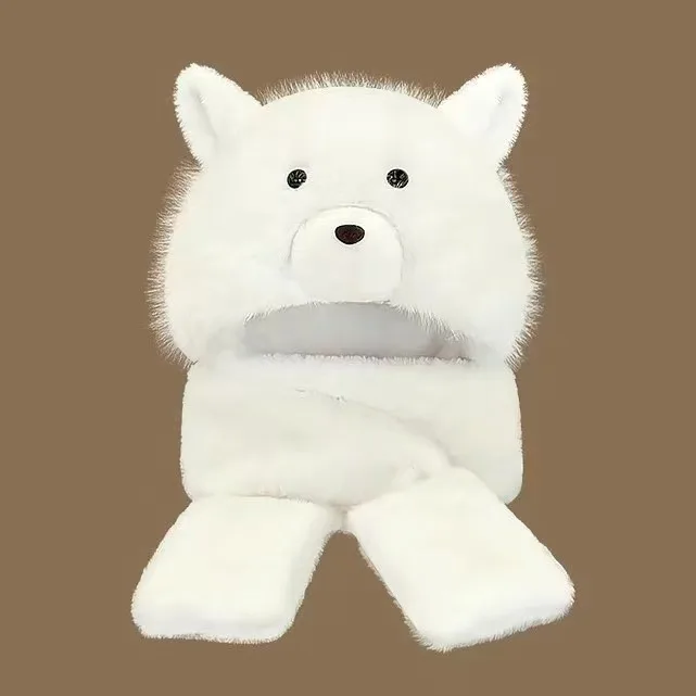 Bear Hat Scarf Gloves Set Winter Warm Fleece Women's Cycling Neck Warmer Three-Piece Suit Hat with Hood Scarf And Gloves H2