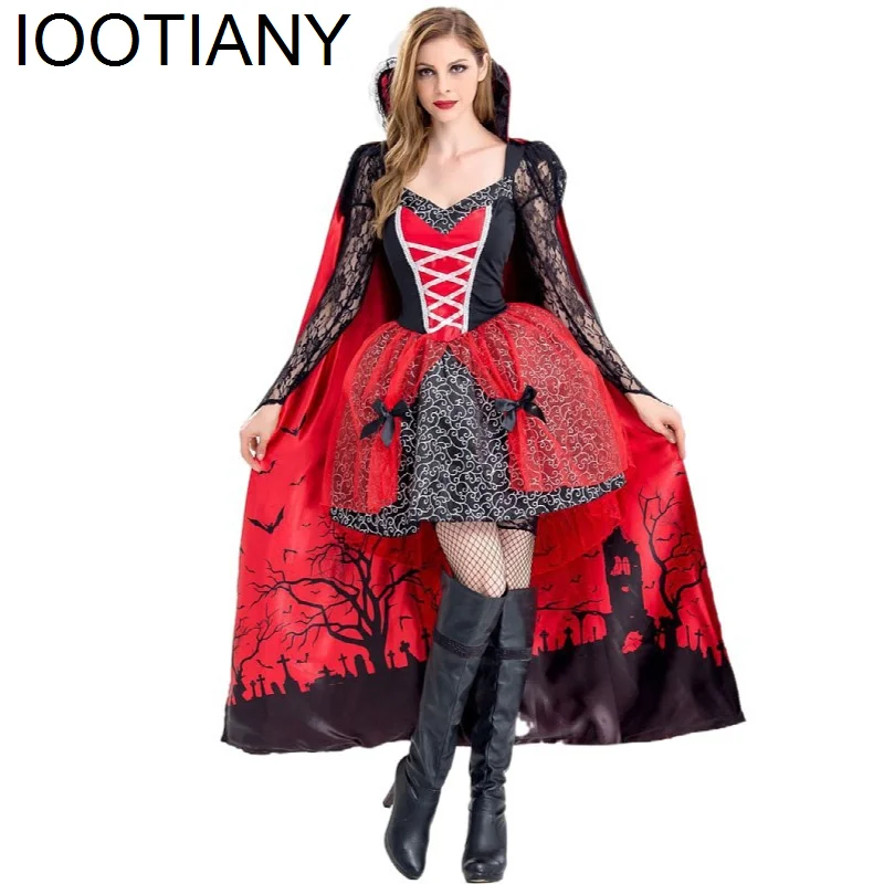 Girls Halloween Witch Costume Makeup Ball Vampire Zombie Costumes Devil Queen Cosplay Costume Red Dress and Cape Two Piece Set