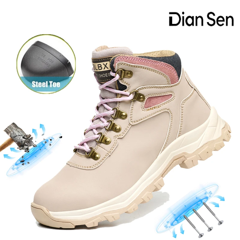 Womens Safety Work Boots Steel Toe Protection Shoes Anti-Puncture Non-Slip Safety Shoes for  Warehouse & Logistics Work Beige