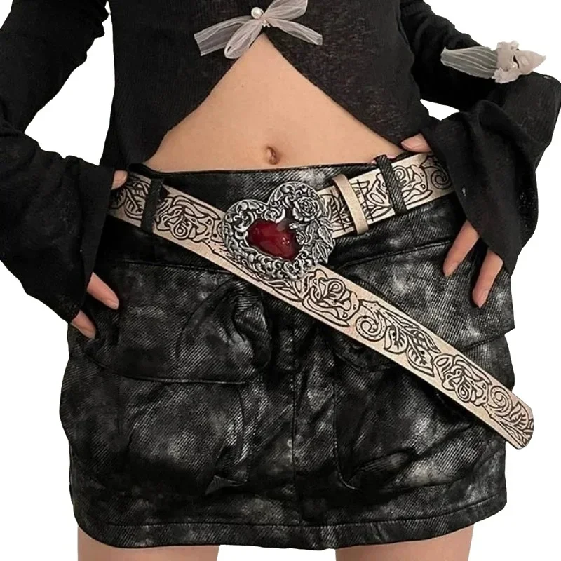 intage distressed high-quality heavy-duty heart buckle flower women's belt, fashionable dark Y2K goth girl waistband