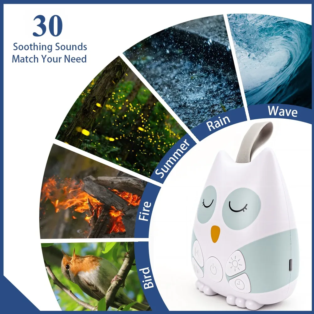 Machine portative à bruit blanc hibou pour bébé 30, son naturel apaisant, sucette pour nourrissons en bas âge, aide au sommeil confortable, adaptée aux voyages