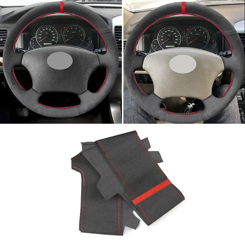 

For Toyota Land Cruiser Prado 120 Tacoma 4Runner Hilux Tundra Sienna Lexus LS400 Suede Leather Red Line Car Steering Wheel Cover