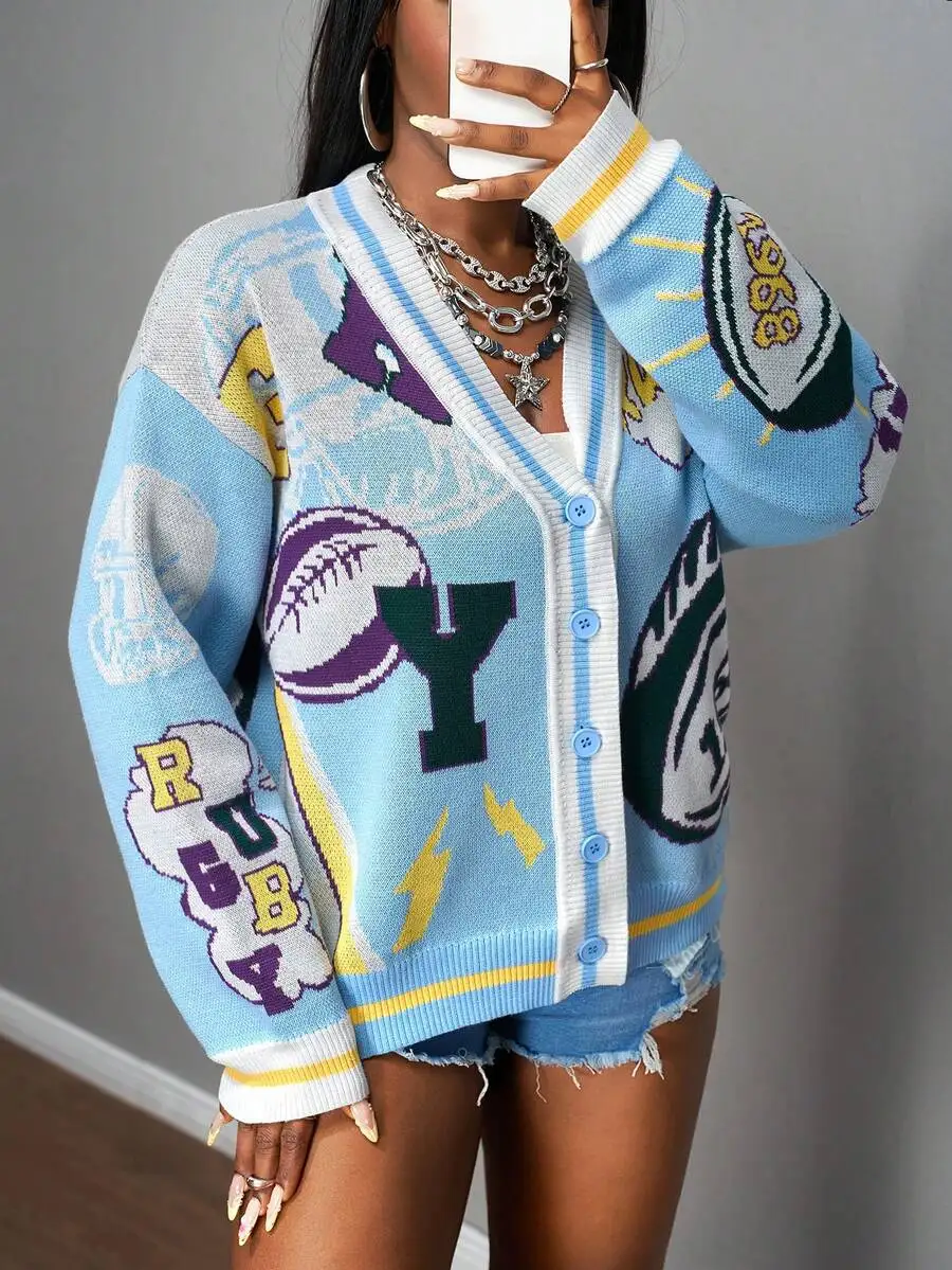 

Loose V-Neck Drop Shoulder Long Sleeve Knit Cardigan With Rugby Logo Pattern Y2K Streetwear