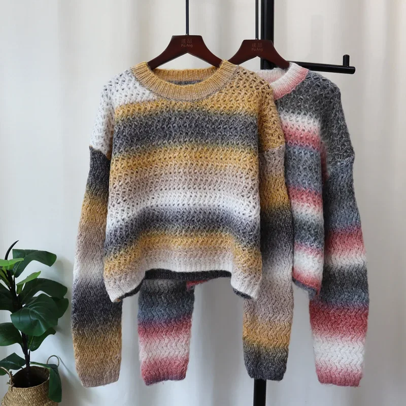 2024 Women O-neck Sweater Cardigan Tie Dye Kintted Button Loose Spring Autumn Vintage Winter Streetwear Y2k Jumper Pullovers