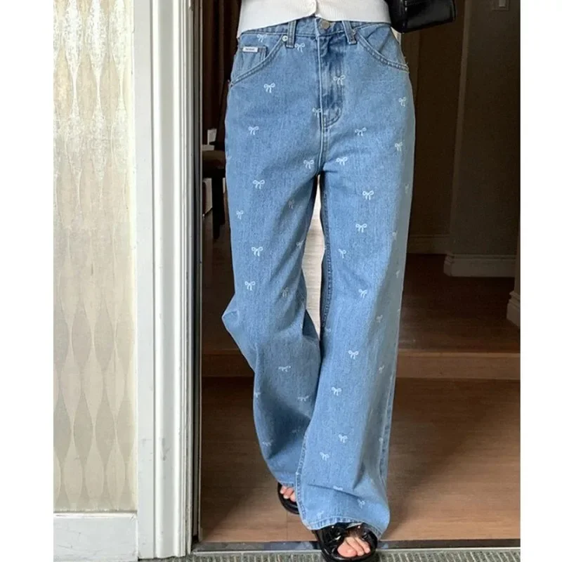 Korean Sle Jeans Women 2024 New Elegant Temperament Bow Western Sle Age-Reducing Loose Design Straight Trousers