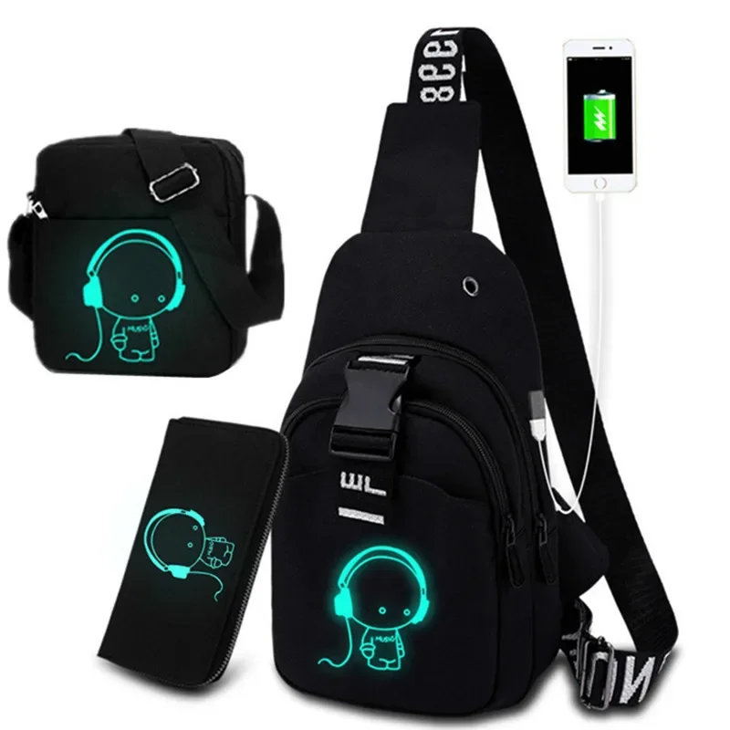 Multifunction Fashion Men Crossbody Bags USB Charging Chest Pack Short Trip Men \'s Shoulder Bag Single Luminous Chest Bag