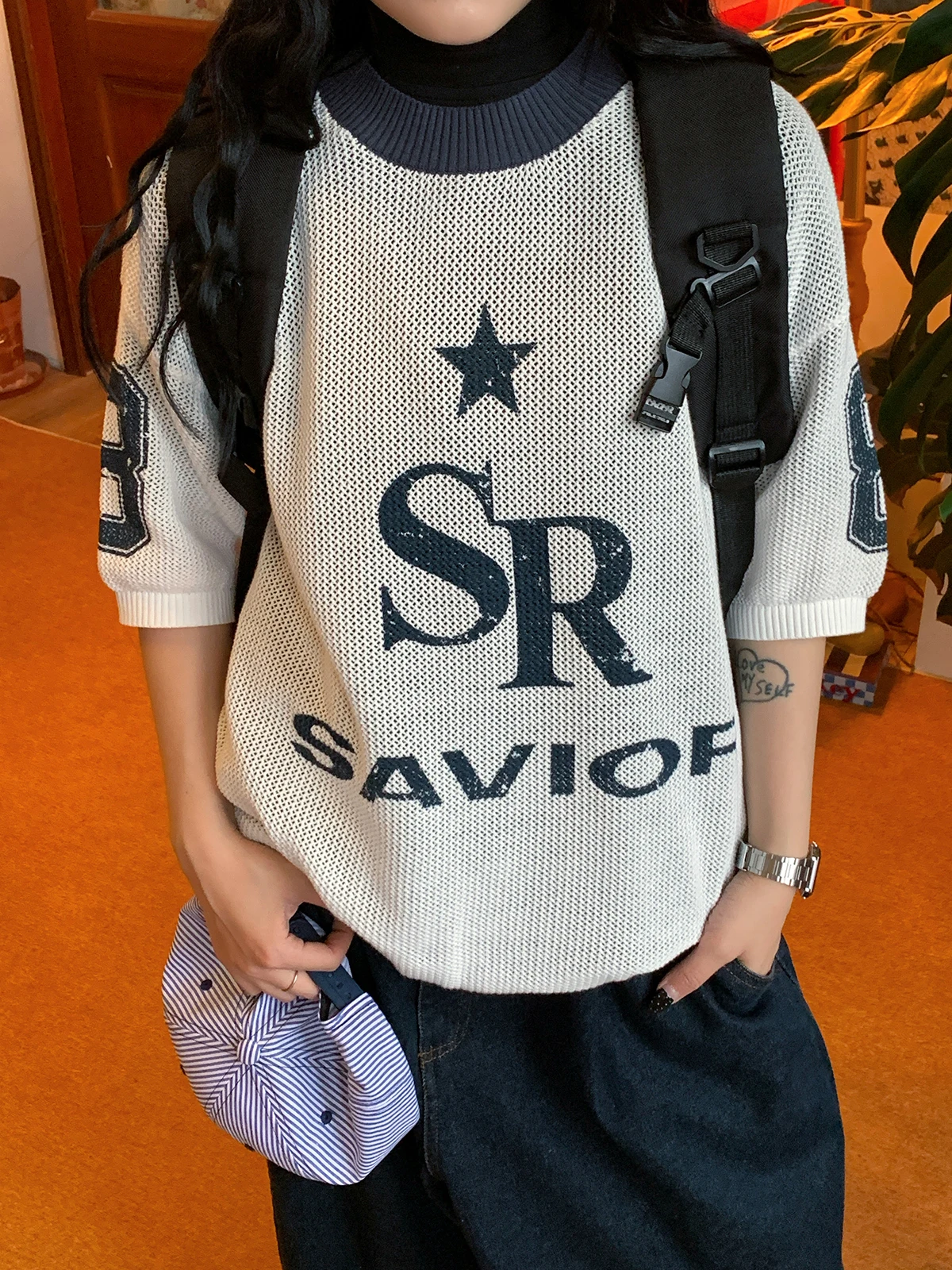 

Женский трикотажный топ в американском стиле свободного кроя с круглым вырезом и короткими рукавами, с сетчатым принтом, повседневный, универсальный, модный летний топ