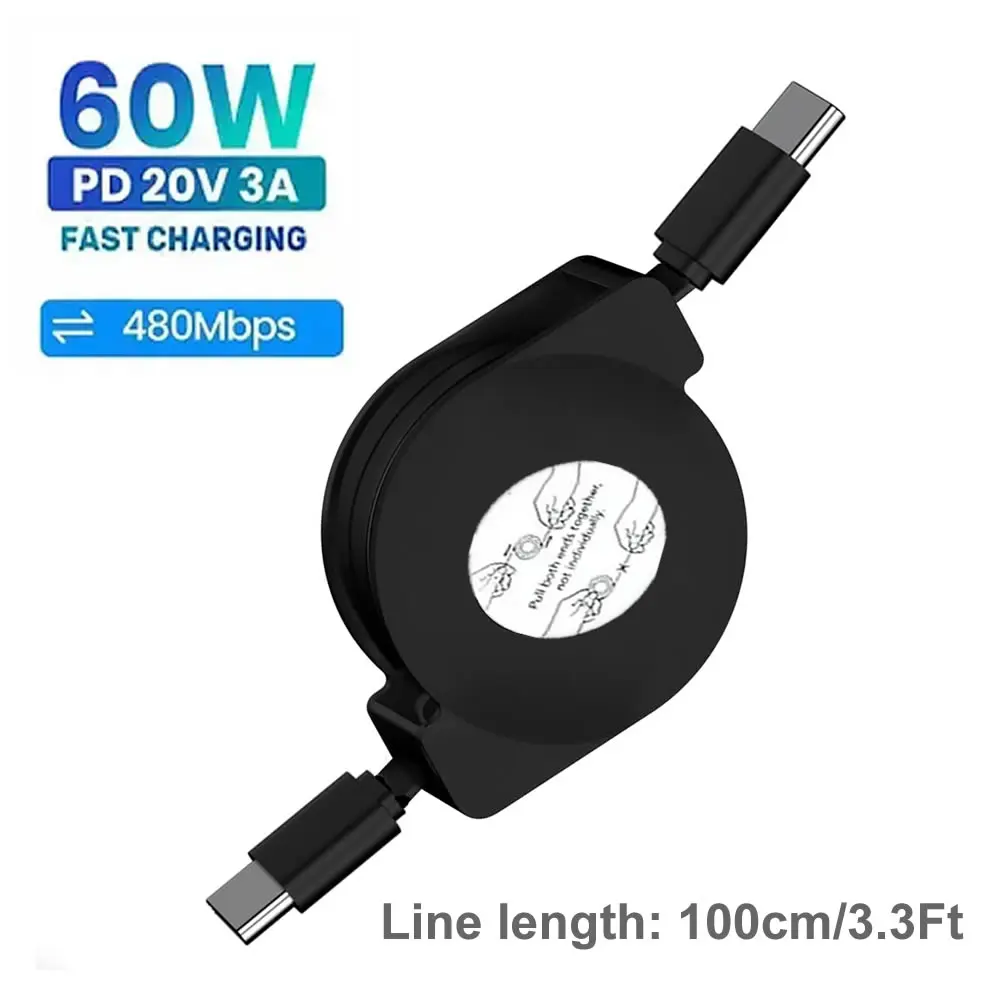 PD 100W USB C Retractable Data Cable, For iPhone 15 Pro Max For MacBook Samsung Fast Charge Cord For iPad Type C Laptop Switch image 3