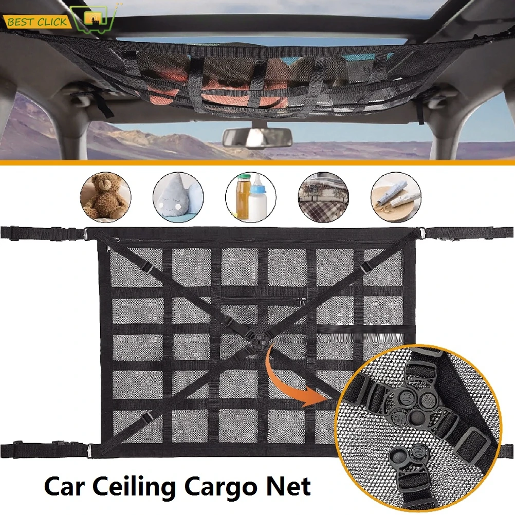Adjustable Car Ceiling Cargo Net Bag Mesh Roof Organizer For Road Trip Camping Gear Back Seat Trunk Styling with Pockets