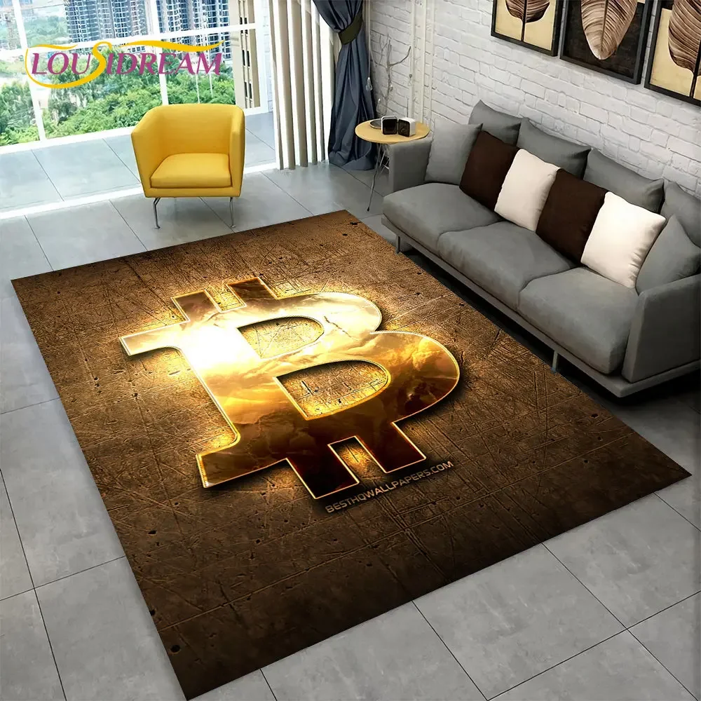 3D Bitcoin Virtual Currency Area Rug Large,Carpet Rug for Living Room Bedroom Sofa Playroom Doormat Decor,Kid Non-slip Floor Mat