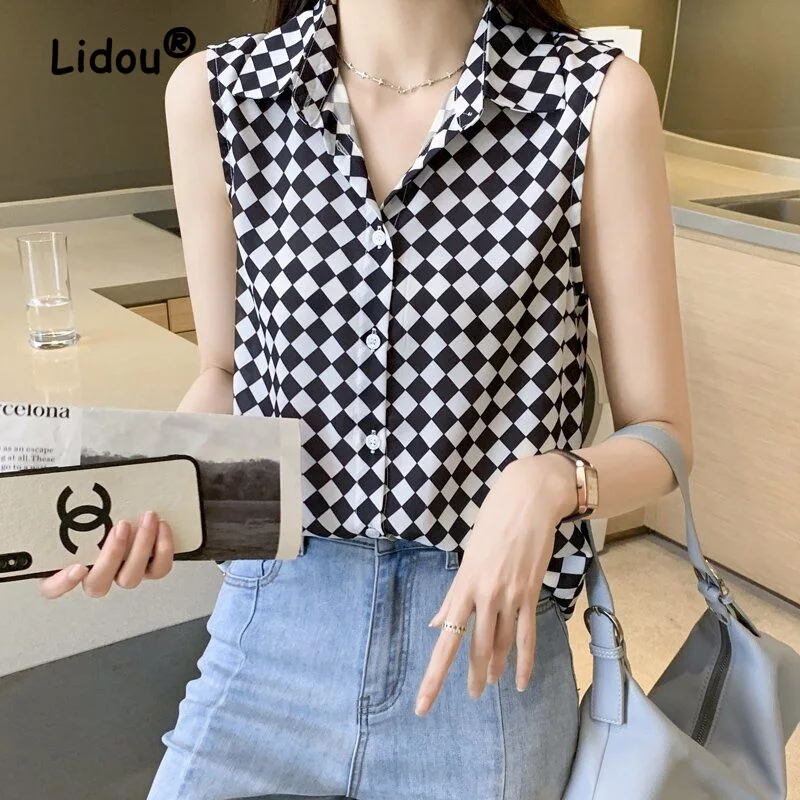 Casual Plaid einreiher Bluse Frauen Ärmellose Polo Kragen Koreanische Sommer Dame Pullover Temperament Chiffon Shirt 2023