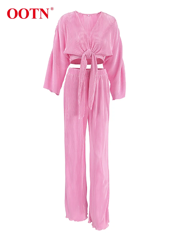 OOTN Pleated Office Solid Women Pants Sets Two Pieces Pink Cross V-Neck Shirts And Pleated Trousers Autumn Winter 2024 Ladies