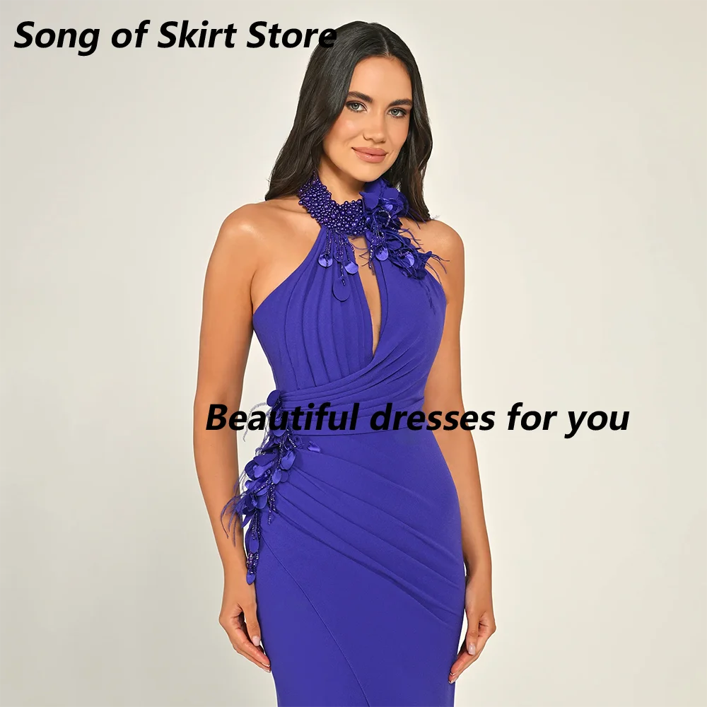 

Women's Prom Dress Purple Bead Appliqued High Neck Mermaid Evening Gowns Backless Thigh Slit Jersey Prom Dresses Customized