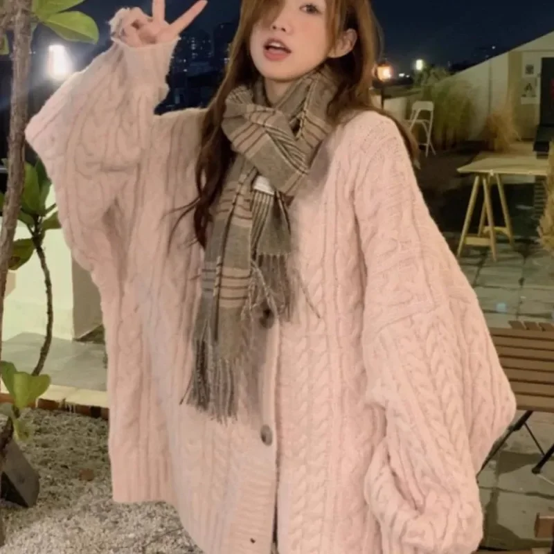 Twist Knitted Pink Sweater Woman 2024 New Medium and Long Loose Lazy Autumn Winter Women Design Gentle Knitted Cardigan Ladies