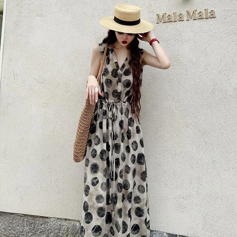 French Style High-end and Fashionable Sleeveless Slim Dress Summer New Vest Suspender Large Polka Dot Long Skirt