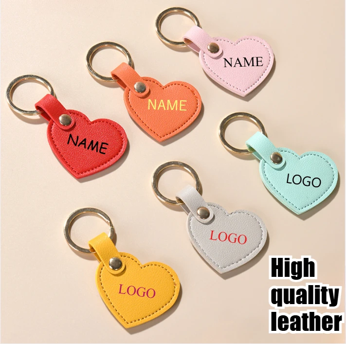 

Custom Keychain Personalized Creative heart shaped colorful Leather Key Chain Pendant DIY Bag Keyring Customize LOGO lovers Gift