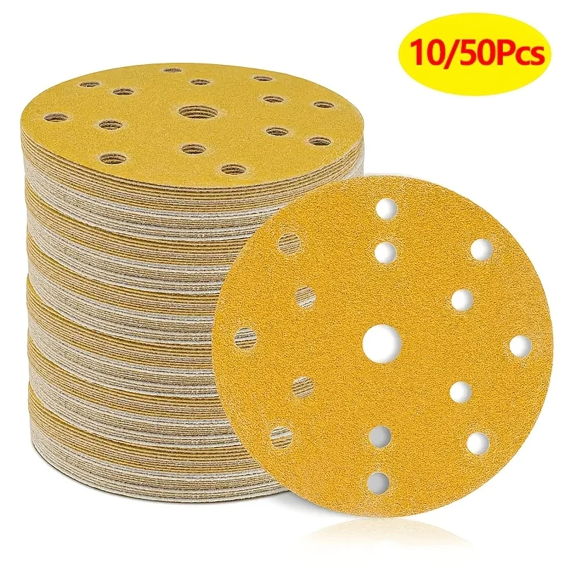 10/50Pcs 6Inch 150mm 15 Holes Yellow Sanding Discs Hook & Loop Sandpaper for Orbital Sander Wood Metal Polishing
