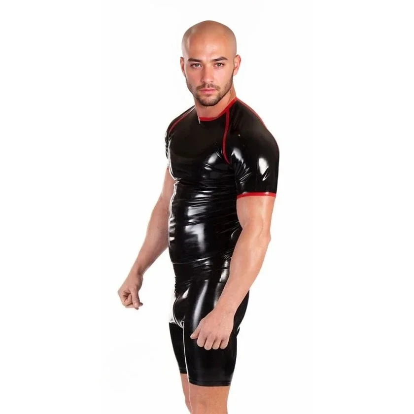 

customized eurocat latex top men's black latex short-sleeved top shorts with zipper rubber handmade rubber costume clubwear