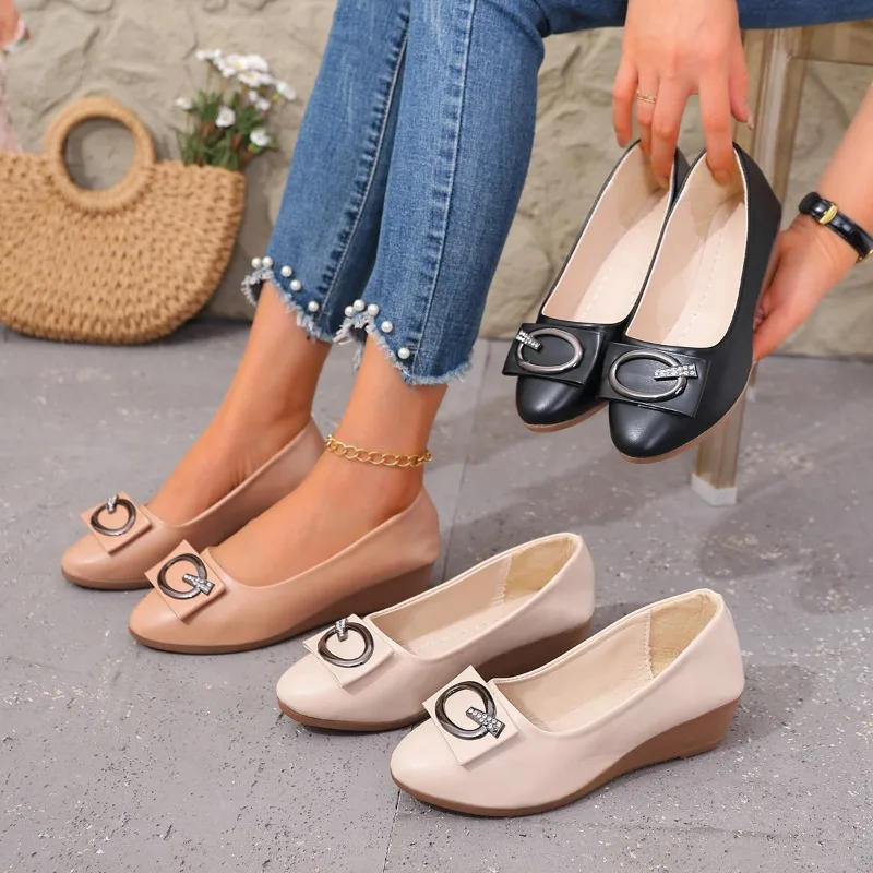 Women Fashion Casual Comfortable Flats Single Shoes Square Toe PU Leather Loafers Female Ballet Girls Cute Golden Large Size