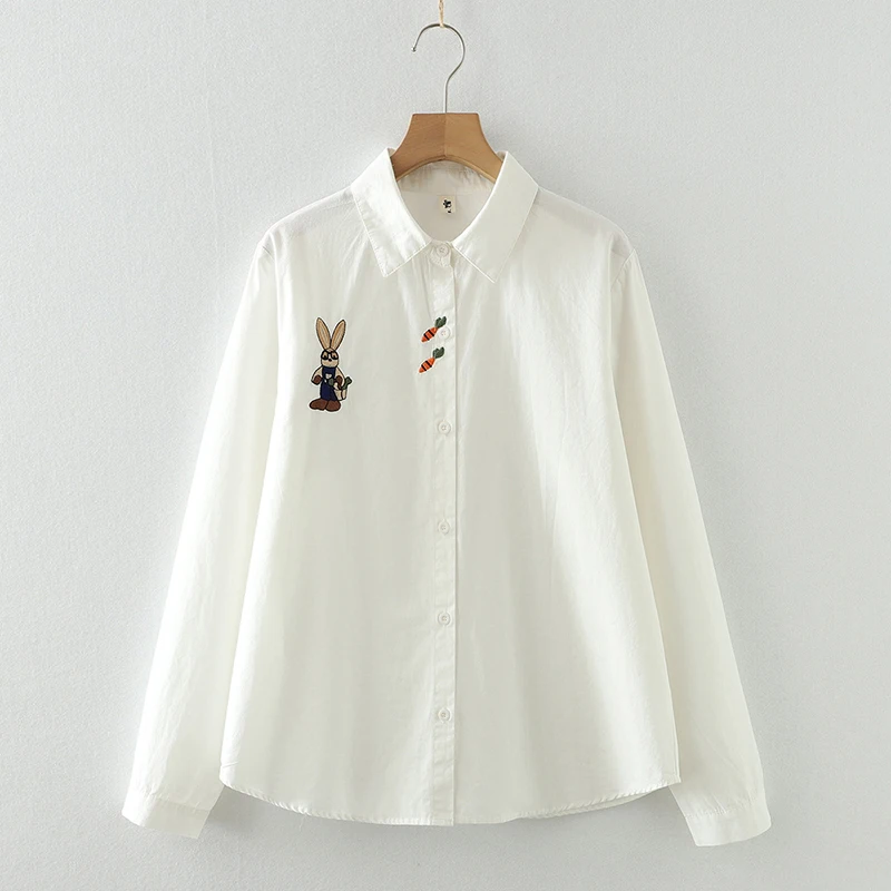 

Spring Cartoon Rabbit Embroidery Cotton Shirt Women Clothing Single Breasted White Shirt Loose Slimming Shirts & Blouses U057