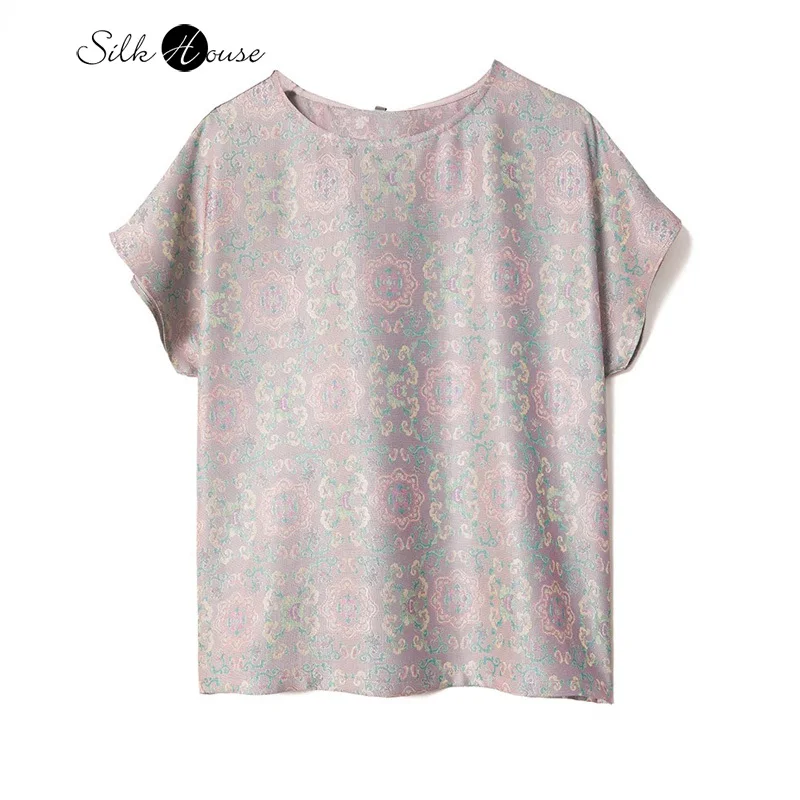 2024 Women's Fashion Summer New Pink Print 100% Natural Mulberry Silk Song Brocade Short Sleeved Temperament T-shirt