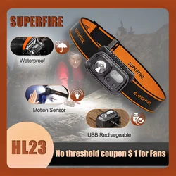 SUPERFIRE-HL23 Mini farol LED com sensor de movimento, USB-C recarregável, farol para camping, pesca, lanterna de trabalho, 9 modos