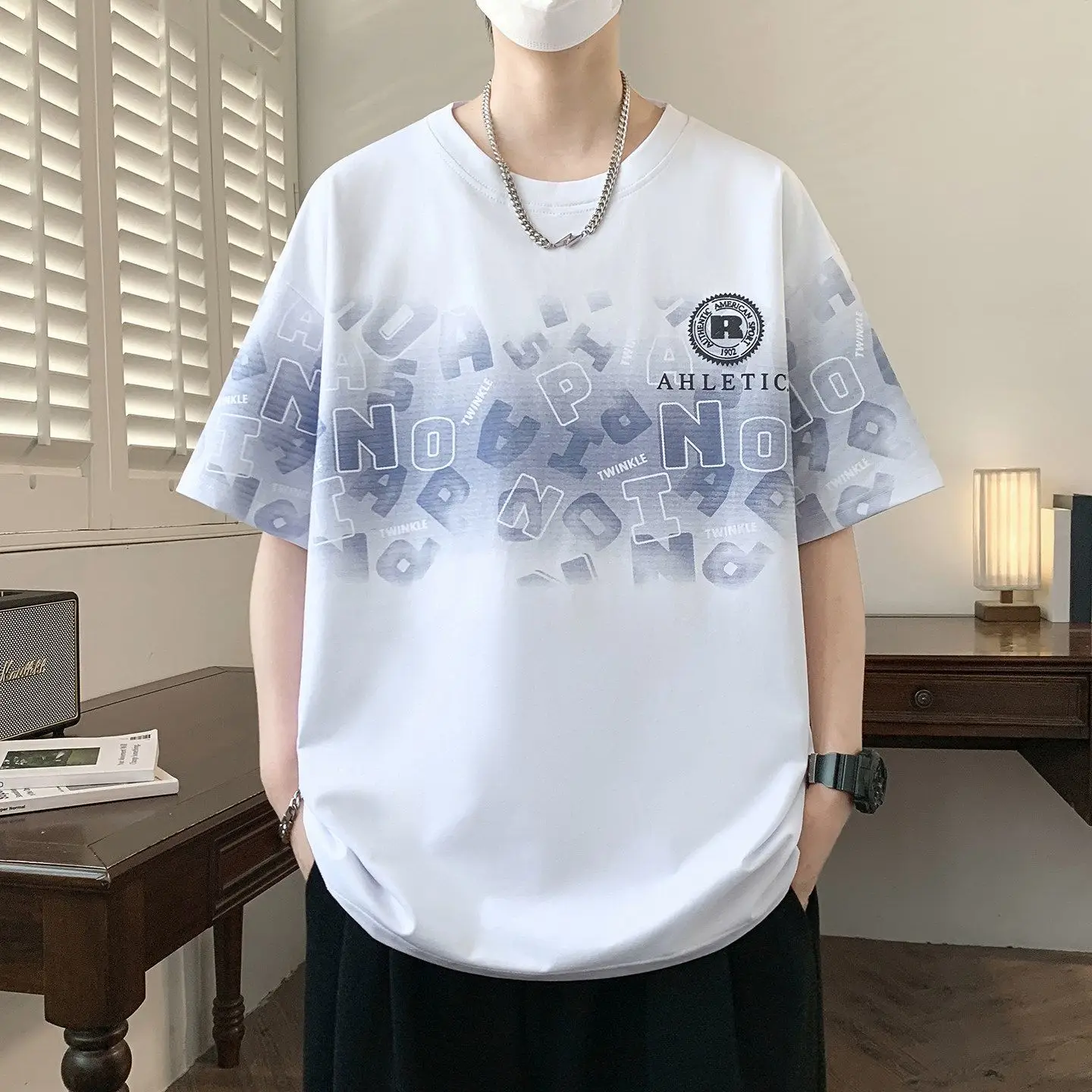 Men's Casual Short Sleeve T-Shirt with Letter Print Round Neck Loose Fit Breathable Summer Tee