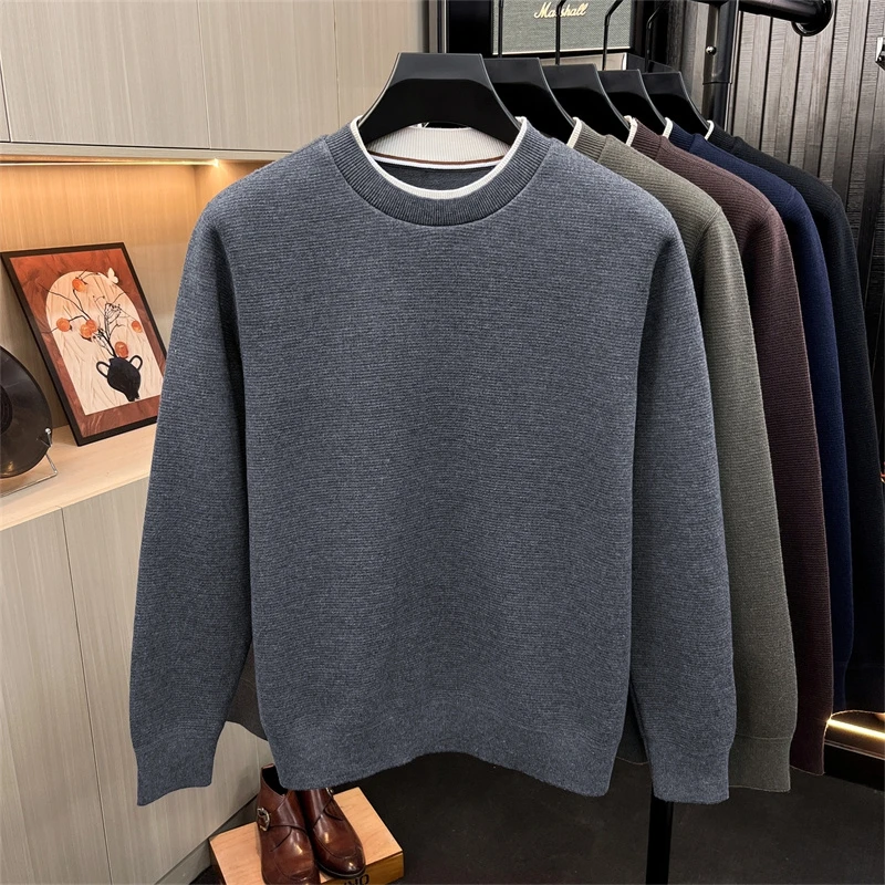 Herbst Neuer Herren Einfarbiger O-Ausschnitt Strickpullover Fake Zweiteiler Designer Weicher Langarm-Pullover Oberteil Lässige Herrenbekleidung – Detail 3