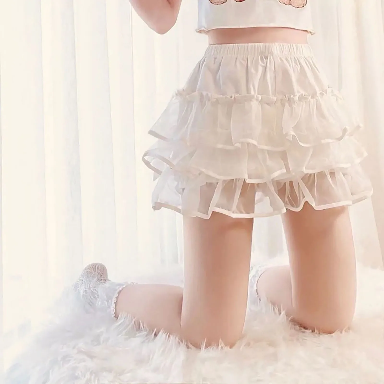 

Women’S Sweet Style Tiered Short Dress Lace Mesh Fluffy Bustle Dress Ladies Fashion Ruffles Y2k Lolita Bloomers Girls Dresses