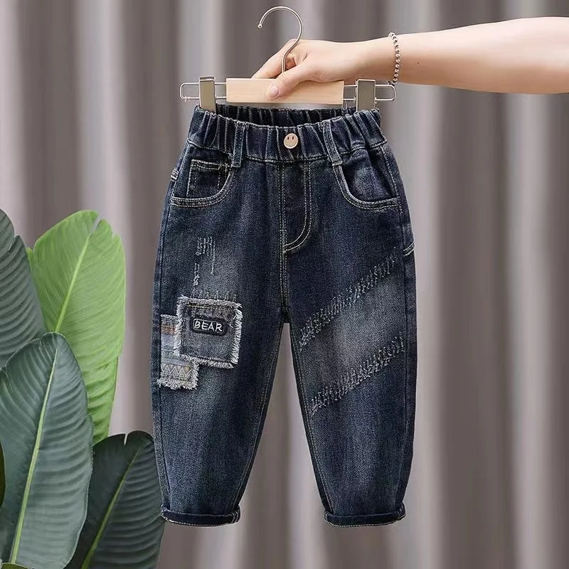 Kids Boys Spring And Autumn Pants 2024 New Children\'s Clothing Fashionable and Perforated Boys Baby Korean Fashion Jeans