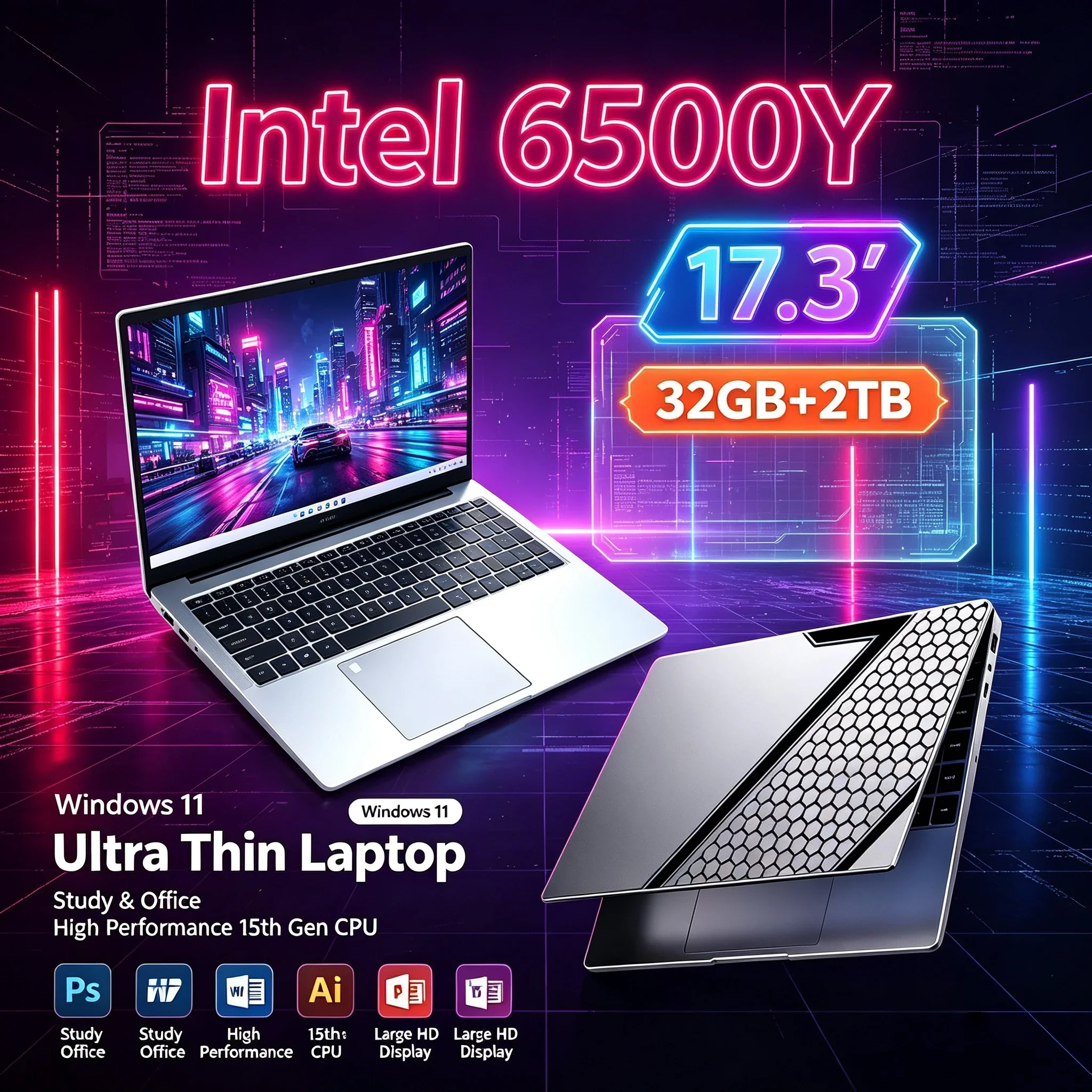 2026 New Portable 17.3'' Notebook Intel 6500Y 32GB RAM 1TB 2TB SSD Windows11 Backlit Keyboard WiFi 6 BT5.2 Business Home Laptop