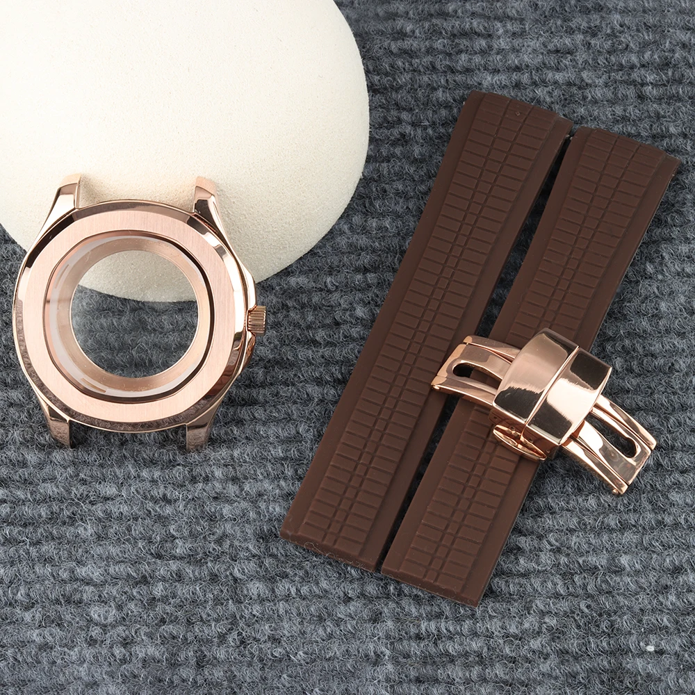 Rose Gold NH35 Case Strap Rubber Bracelet 42mm Steel Watch Case Fit AQUANAUT Nautilus NH35 NH36 NH38 Movement 10ATM Waterproof