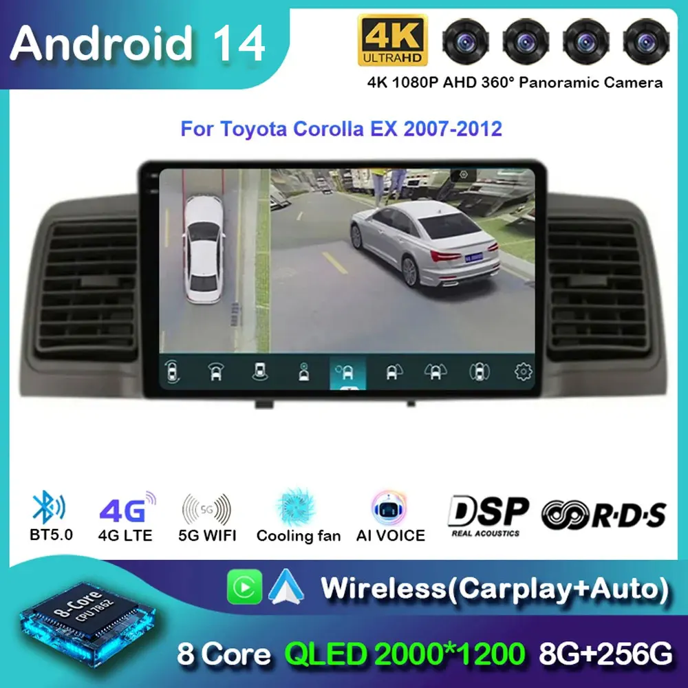 

Android 14 For Toyota Corolla EX 2007-2012 2K Screen Multimedia Player Wireless CarPlay Navigation GPS Cooling Fan DTS Car Radio