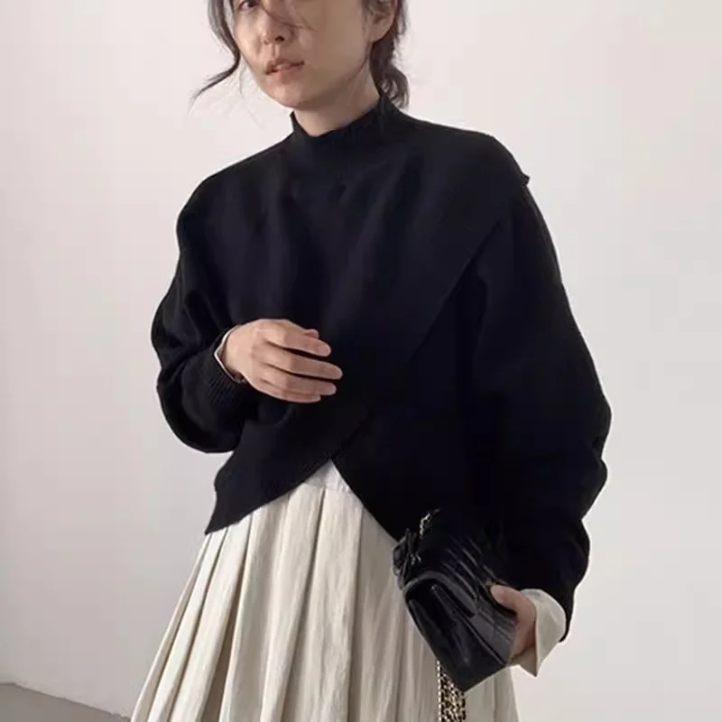 Spring New Women Short Knit Sweater Pullover Tops Grey Black Half Turtleneck Cross Irregular Hem Long Sleeve Ladies Knitwear