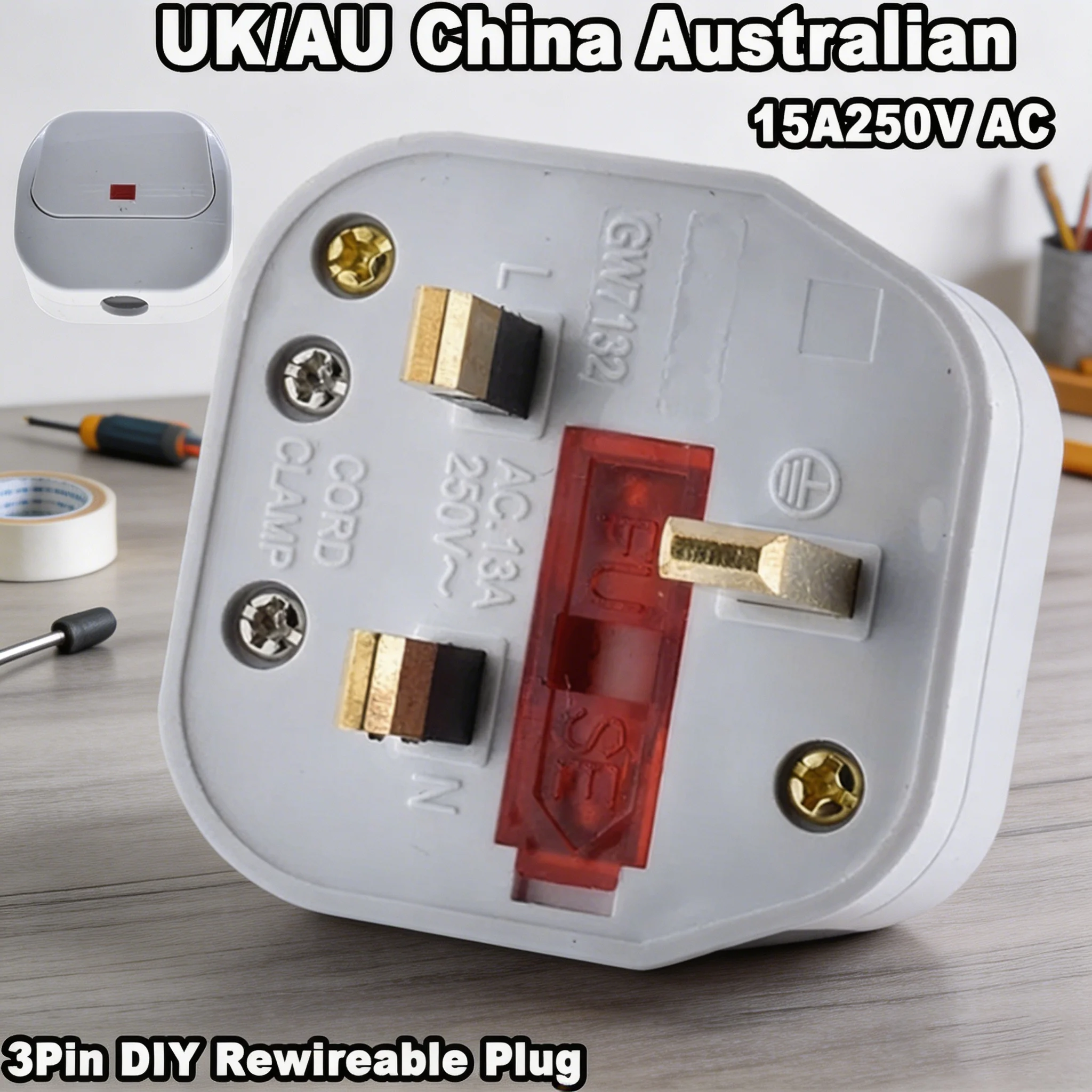 UK/AU China Australian, New Zealand 3Pin DIY Rewireable Plug 15A250V AC with Main Power Switch LED Indicator with 10A/13A fuse