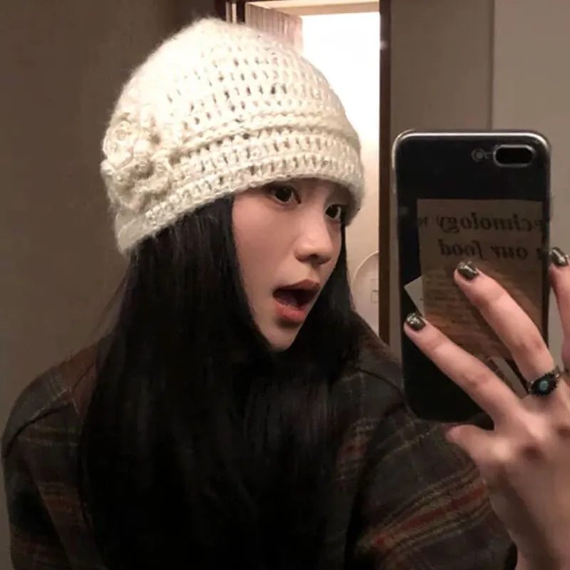 

Ретро французская атмосфера с цветами, вязаная Балаклава, осенне-зимняя шерстяная шапка Ins