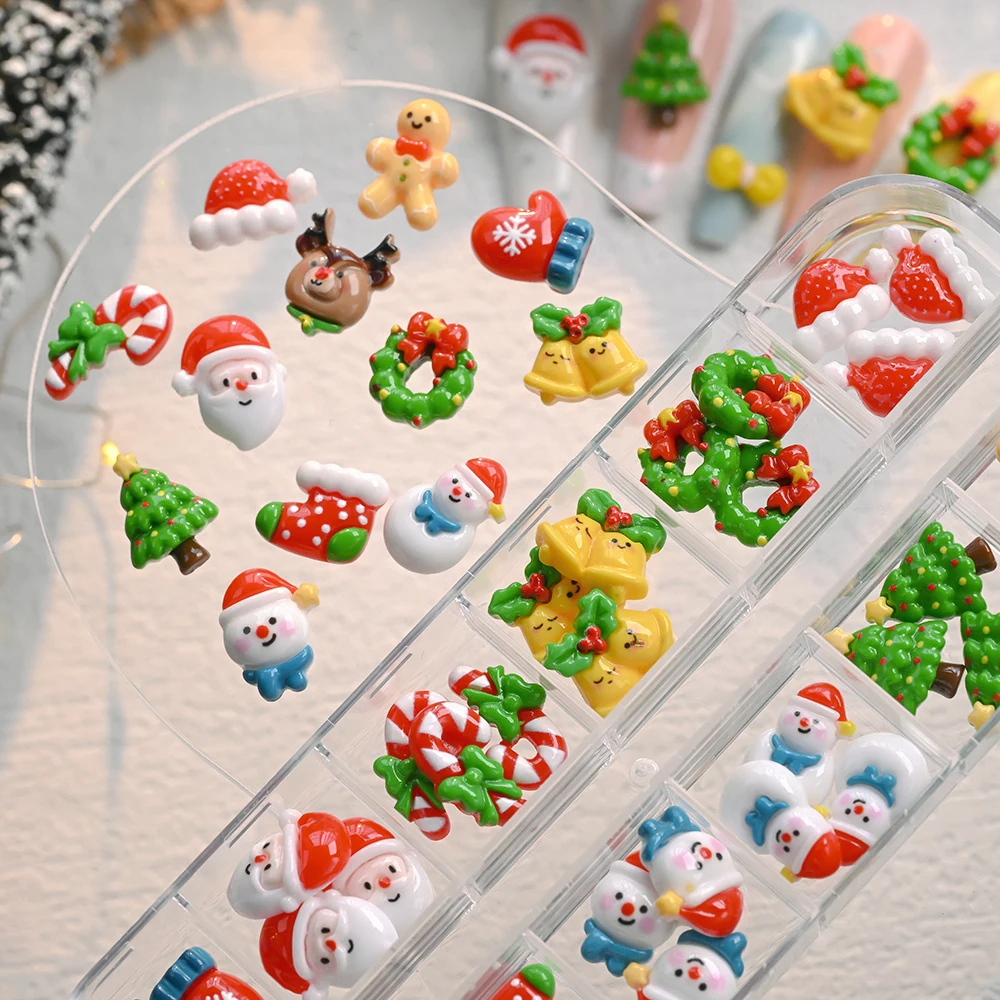 12グリッドかわいいサンタクロース雪だるまネイルアートデコレーション5Dジンジャーブレッドマンクリスマスツリーソックスネイル用品DIYクリスマス用