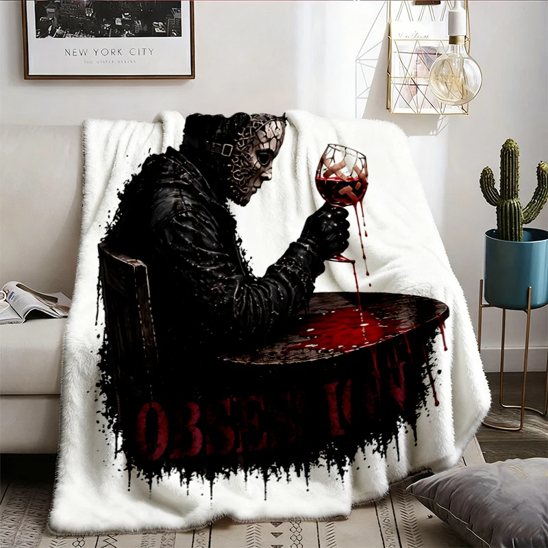 Obsession Comfy Blanket, Gothic Graphic Flannel Blanket, Dark Aesthetic Flannel Throw, Masked Figure Wine Art, Horror Gr
