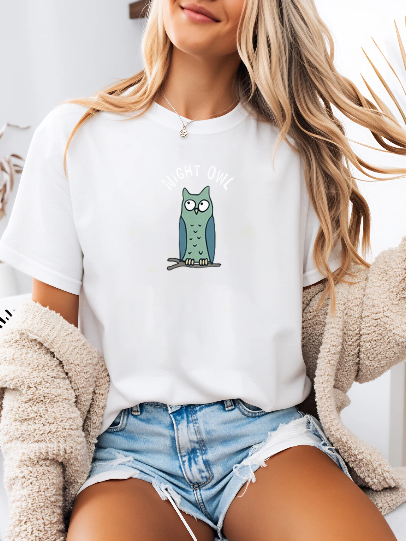 フクロウプリント ナイトオウル グラフィックTシャツ ハロウィン レディース カジュアルウェア ホワイト プラスサイズ