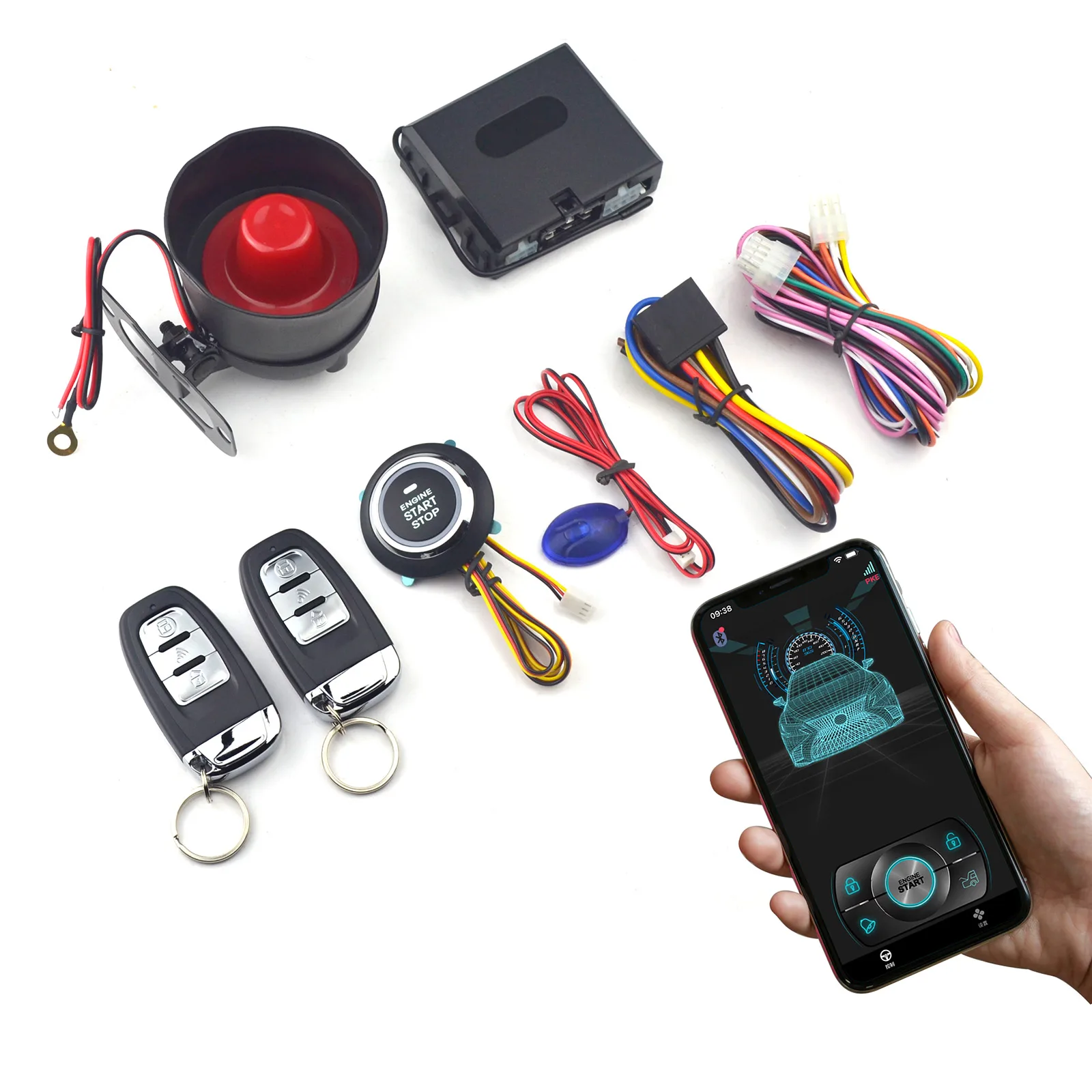 

Car Alarm System Start Stop Button Mobile Bluetooth App Keyless Entry Remote Start Power Window Control Remote Trunk Release