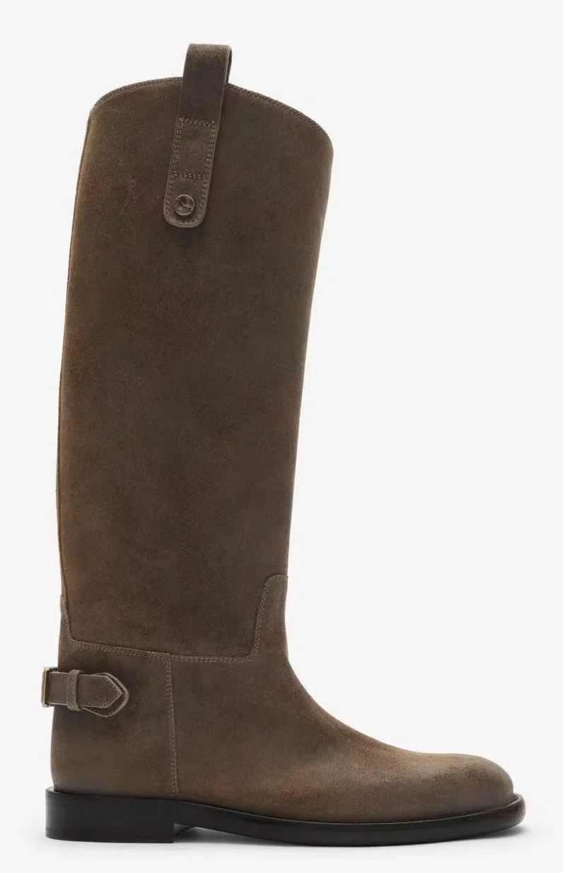 Round toe Coffee suede flats knee high boots brown causal dress soft pull on luxury designer soft women's winter long boot