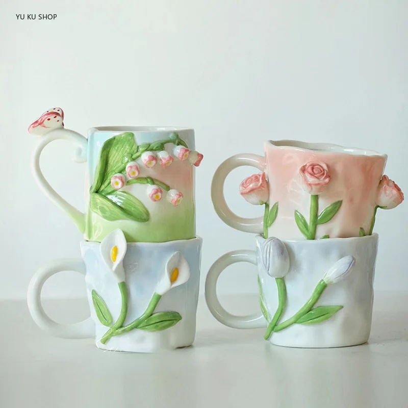 Tulip Ceramic Coffee Cup Handpainted Craft Milk Teacup High Appearance Level Breakfast Mug Birthday Present for Friends 400 Ml